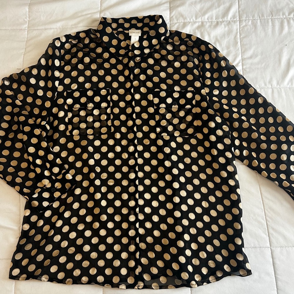 Chicos Black Gold Polka Dot Sheer Button Down Shirt Blouse Size XL Glam Party